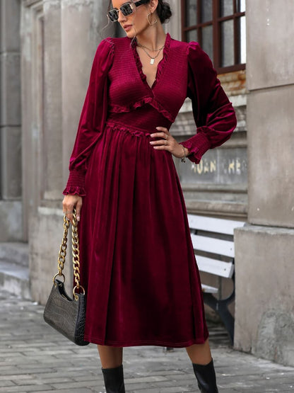 Theia V-neck Velvet Midi Dress