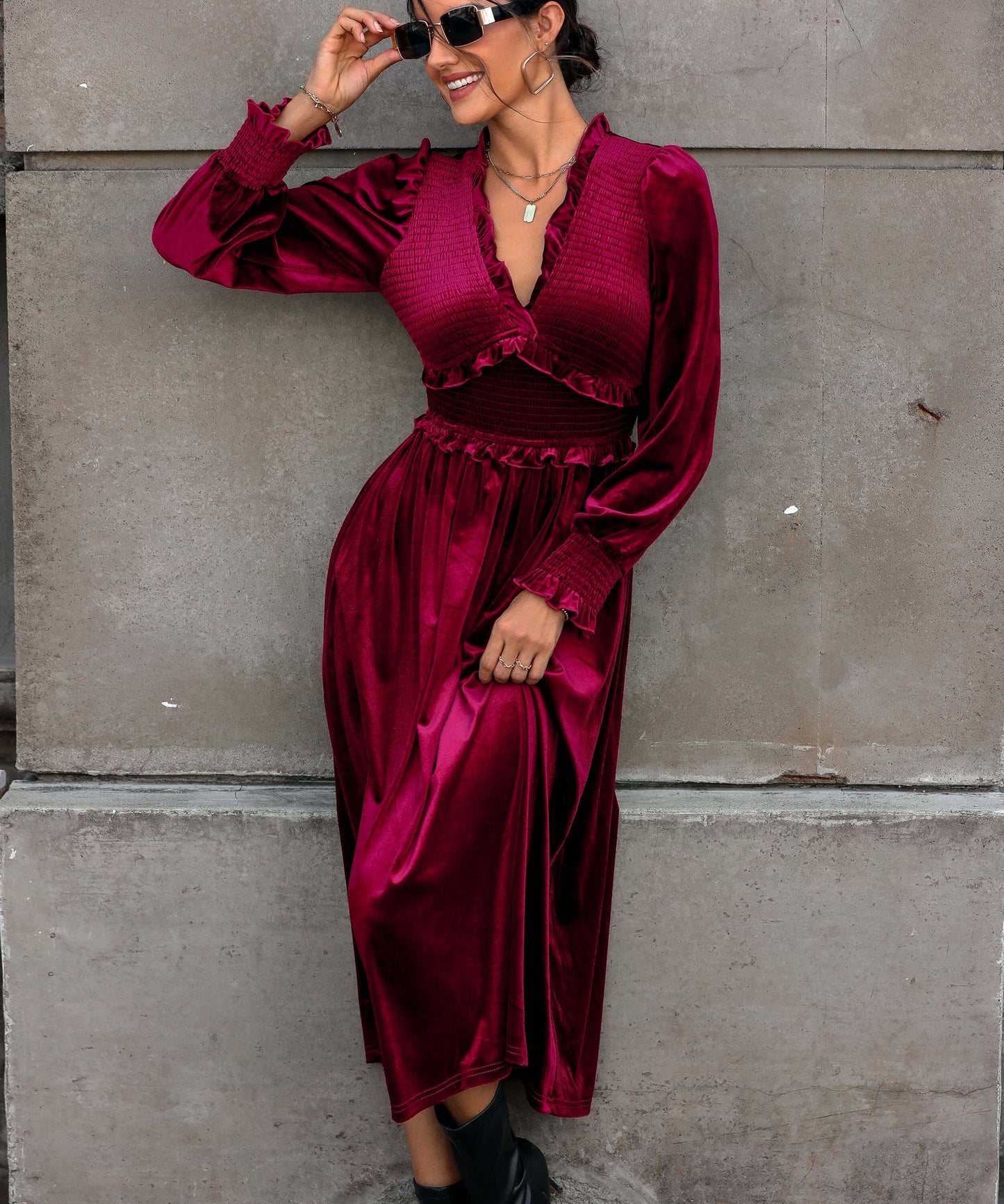 Theia V-neck Velvet Midi Dress