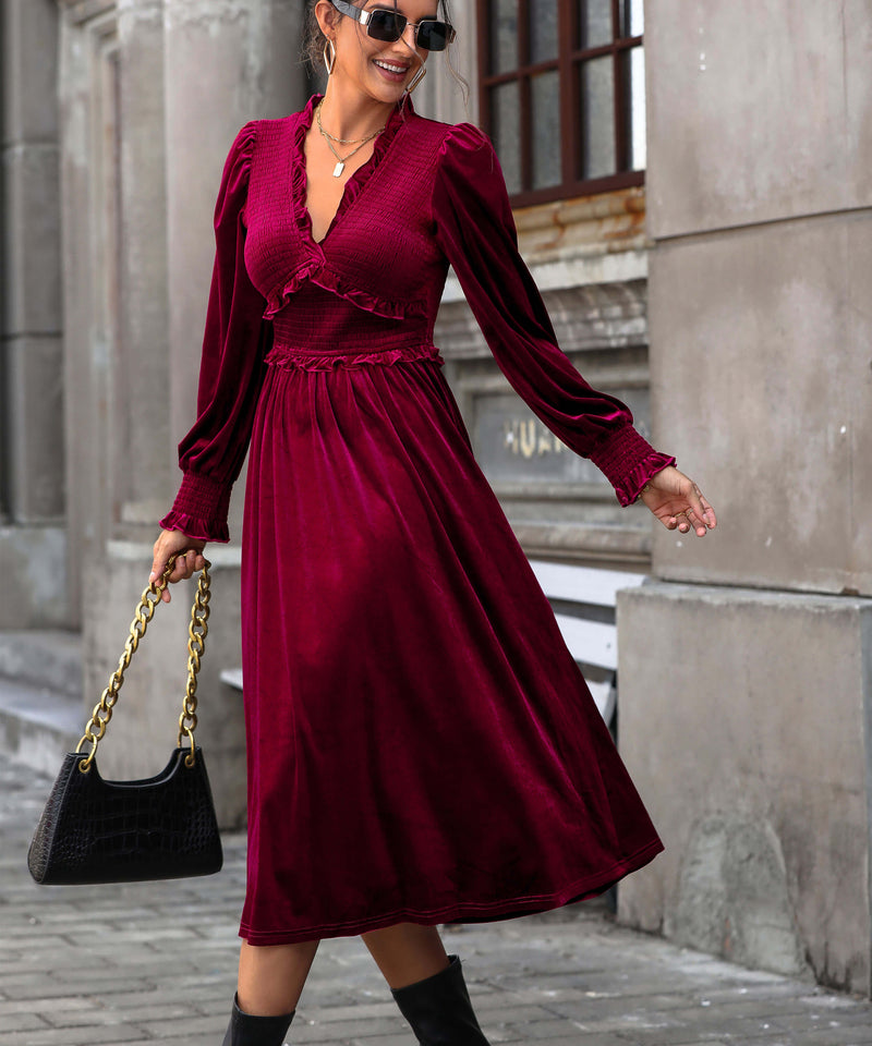 Theia V-neck Velvet Midi Dress