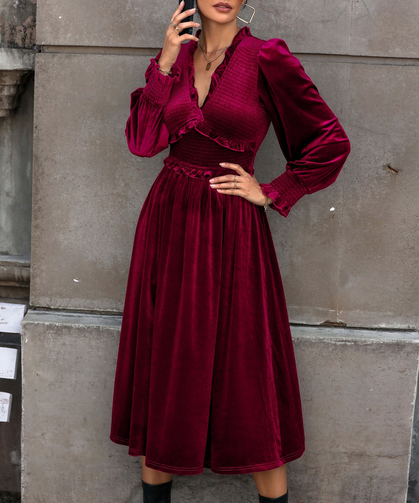 Theia V-neck Velvet Midi Dress