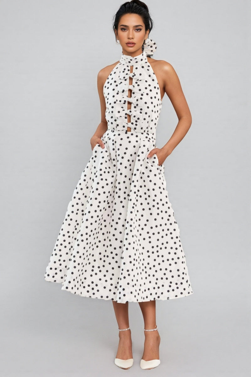 Cainea Bowknot Polka Dot Midi Dress