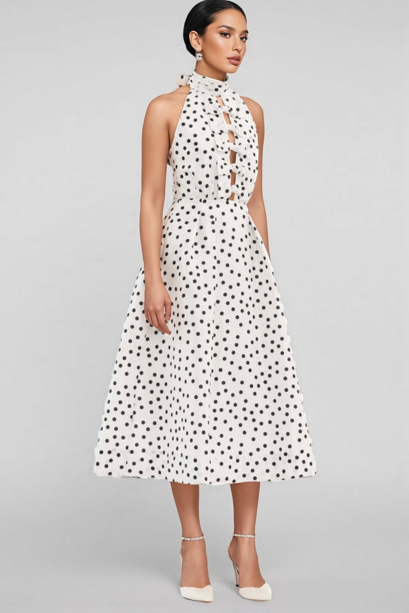 Cainea Bowknot Polka Dot Midi Dress