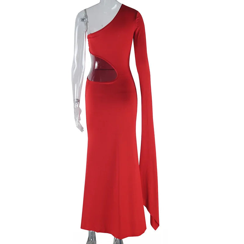 Incline Shoulder Hollow Maxi Dress for Christmas Party