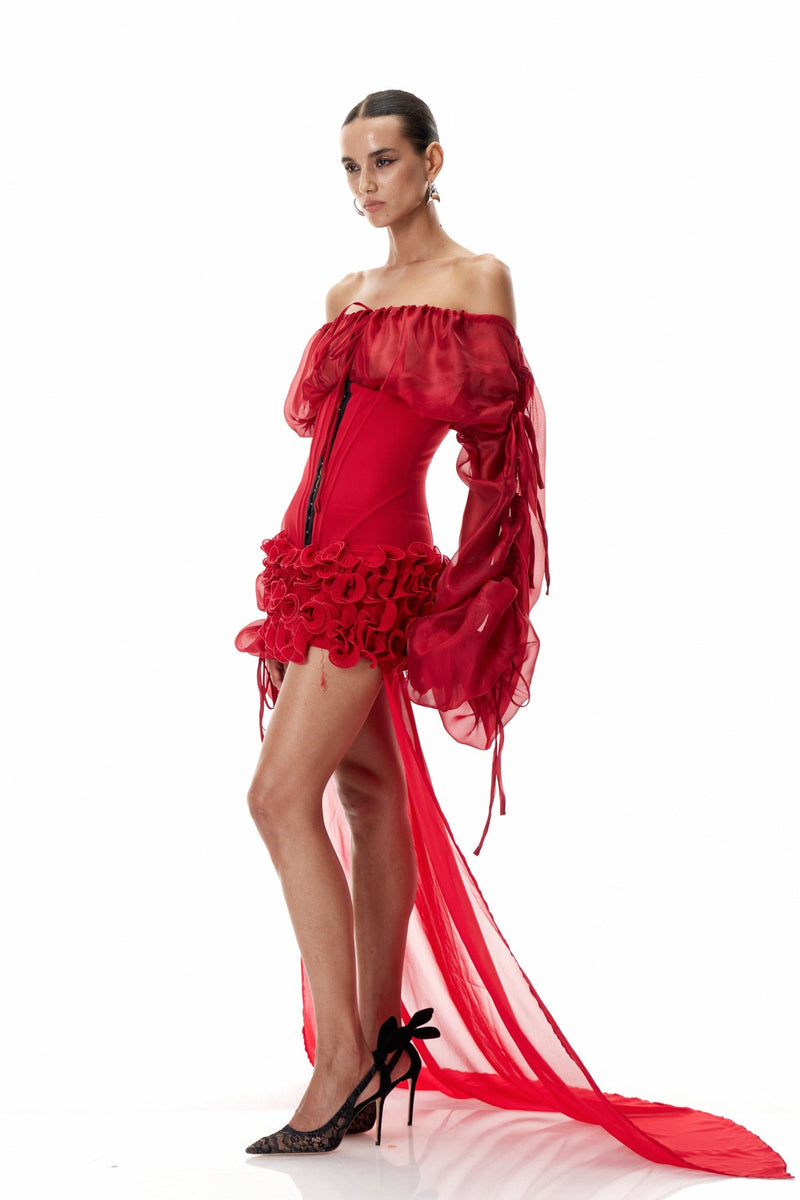 Dainius Off Shoulder Corset Ruffle Mini Dress in Red