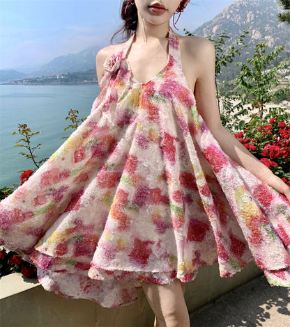 Dainty French Halter Tie-dye Mini Dress _ Flowy A-line Beach Dress