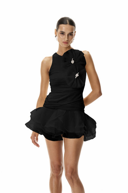 Daireann Ruch Flower Mini Dress in Black