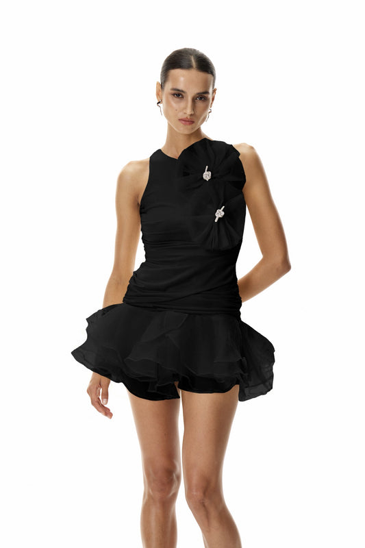 Daireann Ruch Flower Mini Dress in Black
