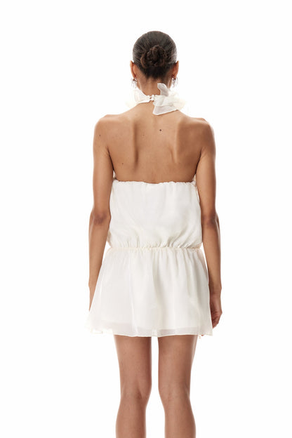Dajana Halter Neck Flower Mini Dress in Apricot