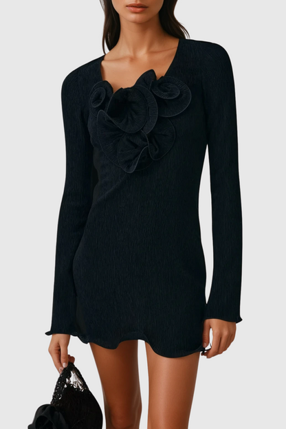 Dale Flower Ruffle Mini Dress in Black