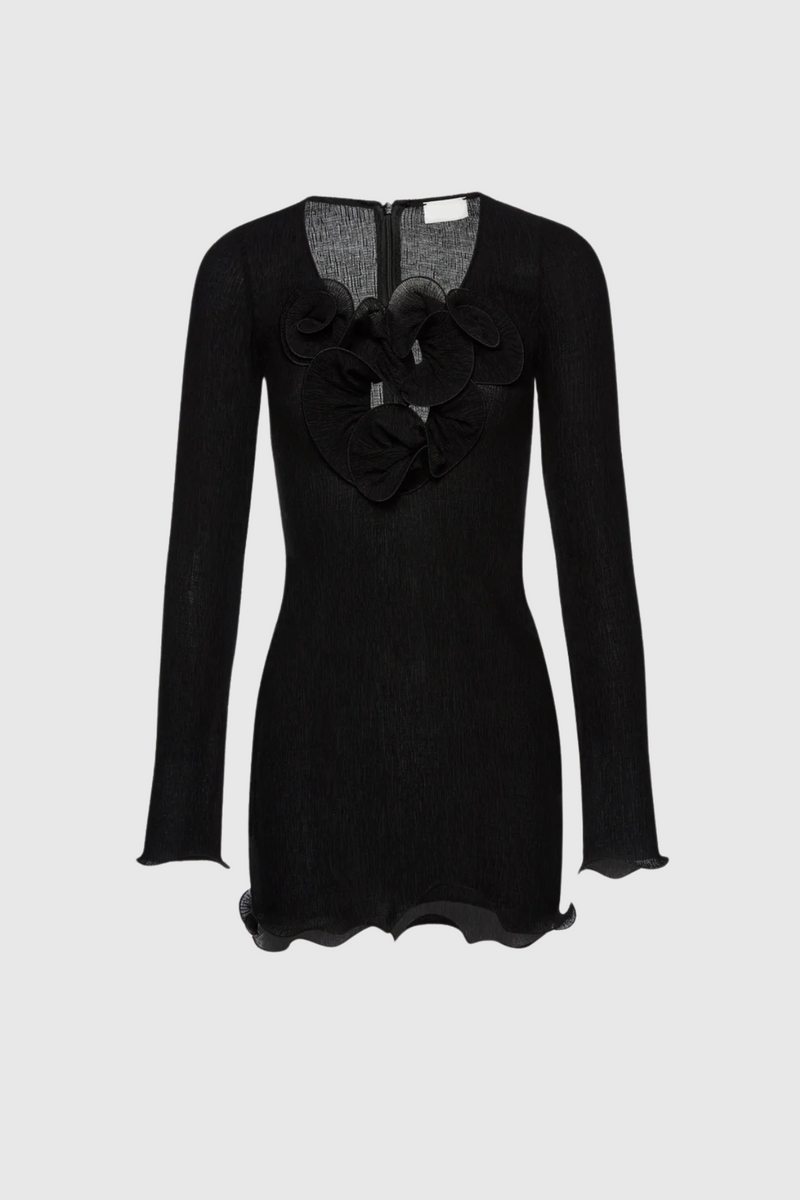 Dale Flower Ruffle Mini Dress in Black
