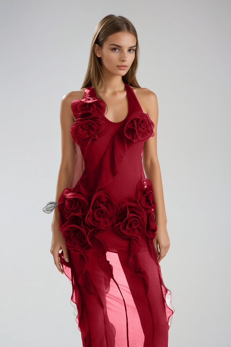 Damir Flower Backless Mesh Maxi Dress