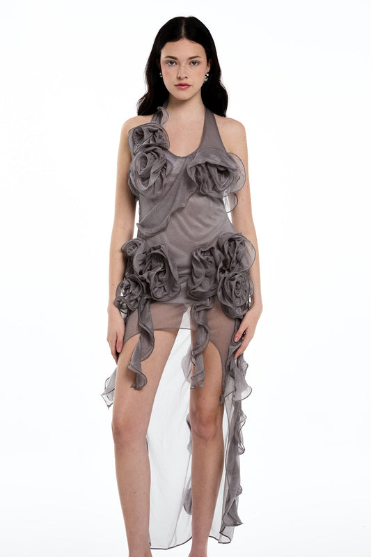 Damir Flower Backless Mesh Mini Dress in Grey
