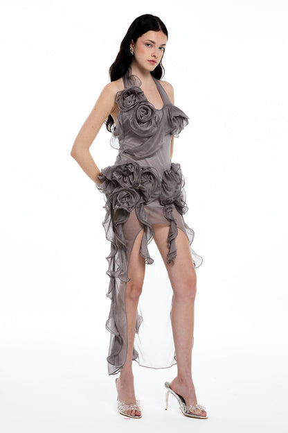Damir Flower Backless Mesh Mini Dress in Grey