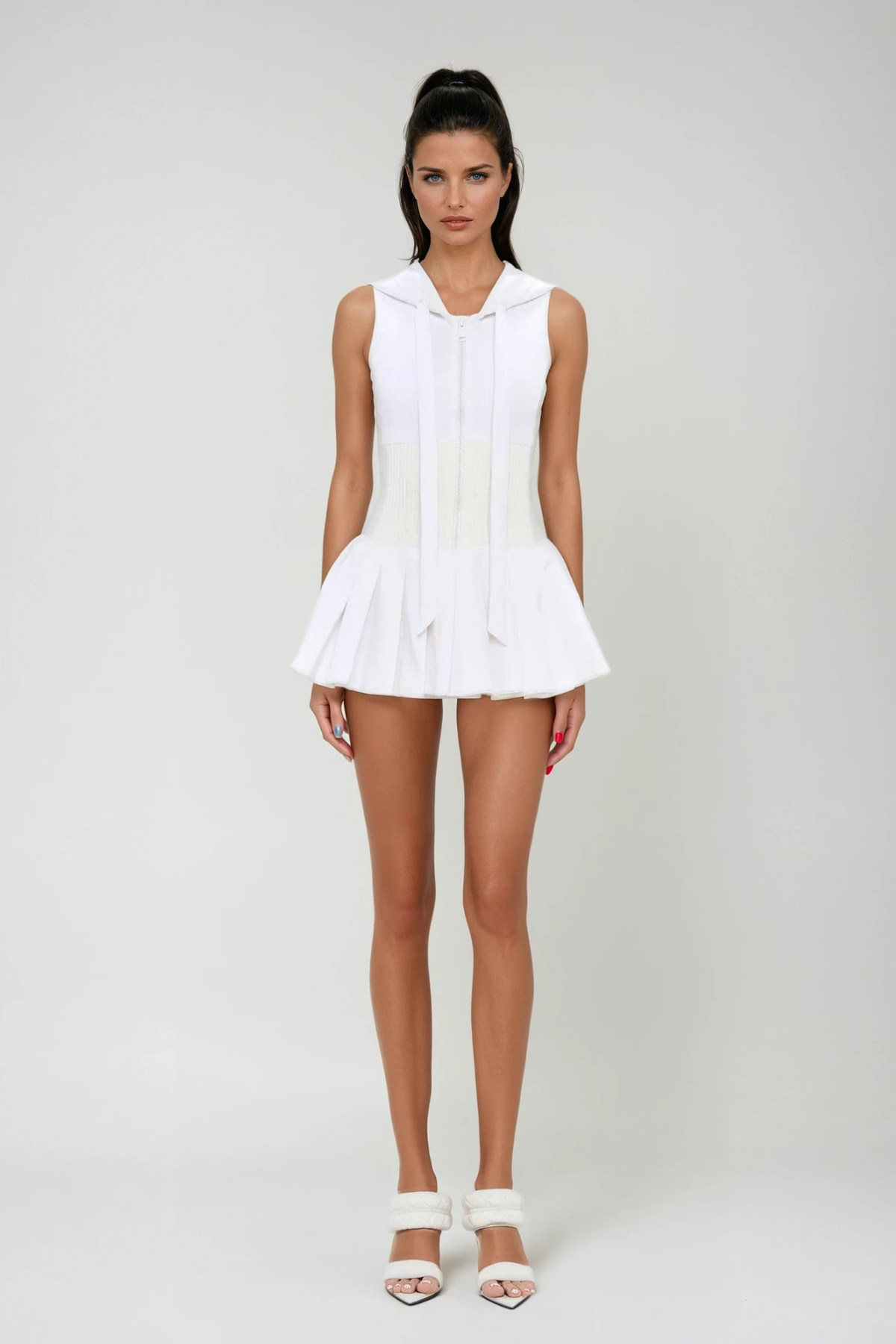 Damodar Sleeveless Hooded Ruch Mini Dress in White