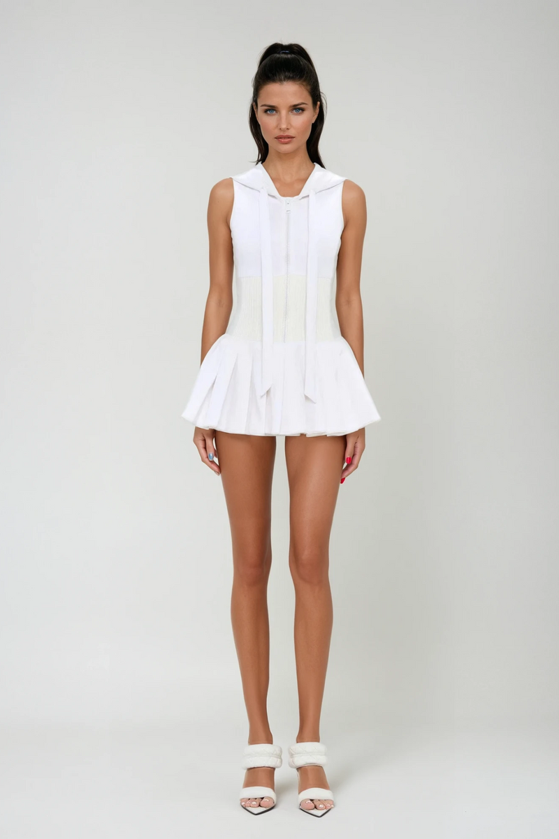 Damodar Sleeveless Hooded Ruch Mini Dress in White