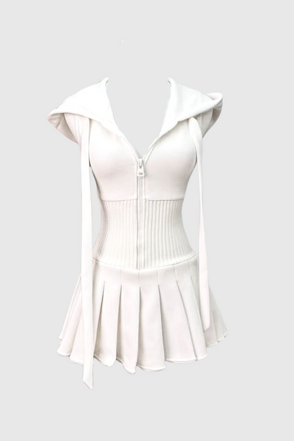 Damodar Sleeveless Hooded Ruch Mini Dress in White
