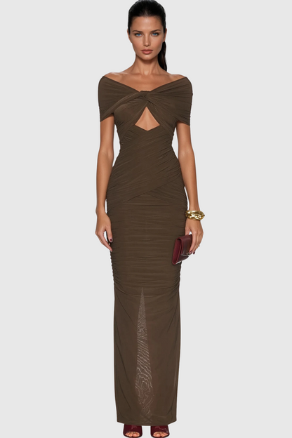 Danai Cutout Ruch Maxi Dress in Brown