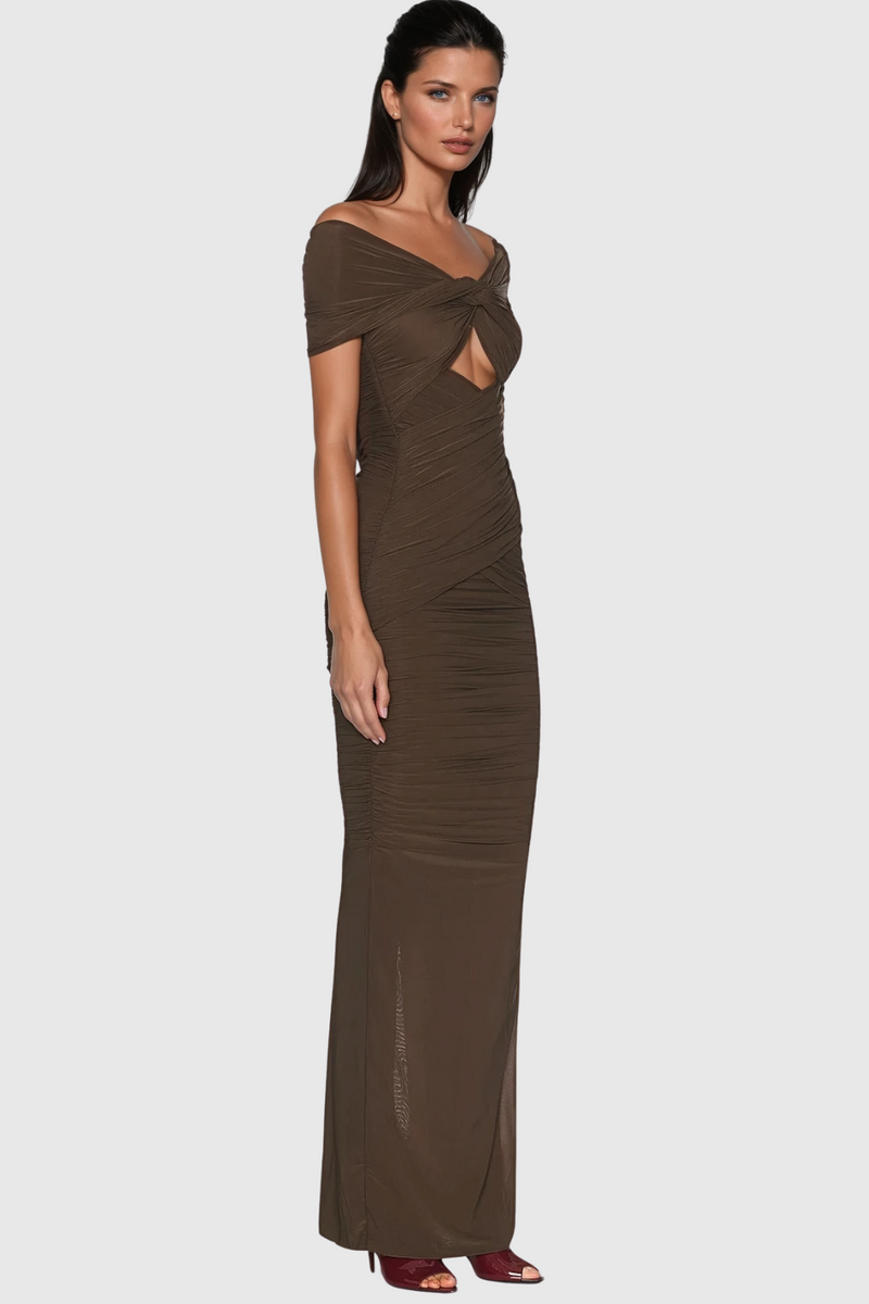 Danai Cutout Ruch Maxi Dress in Brown