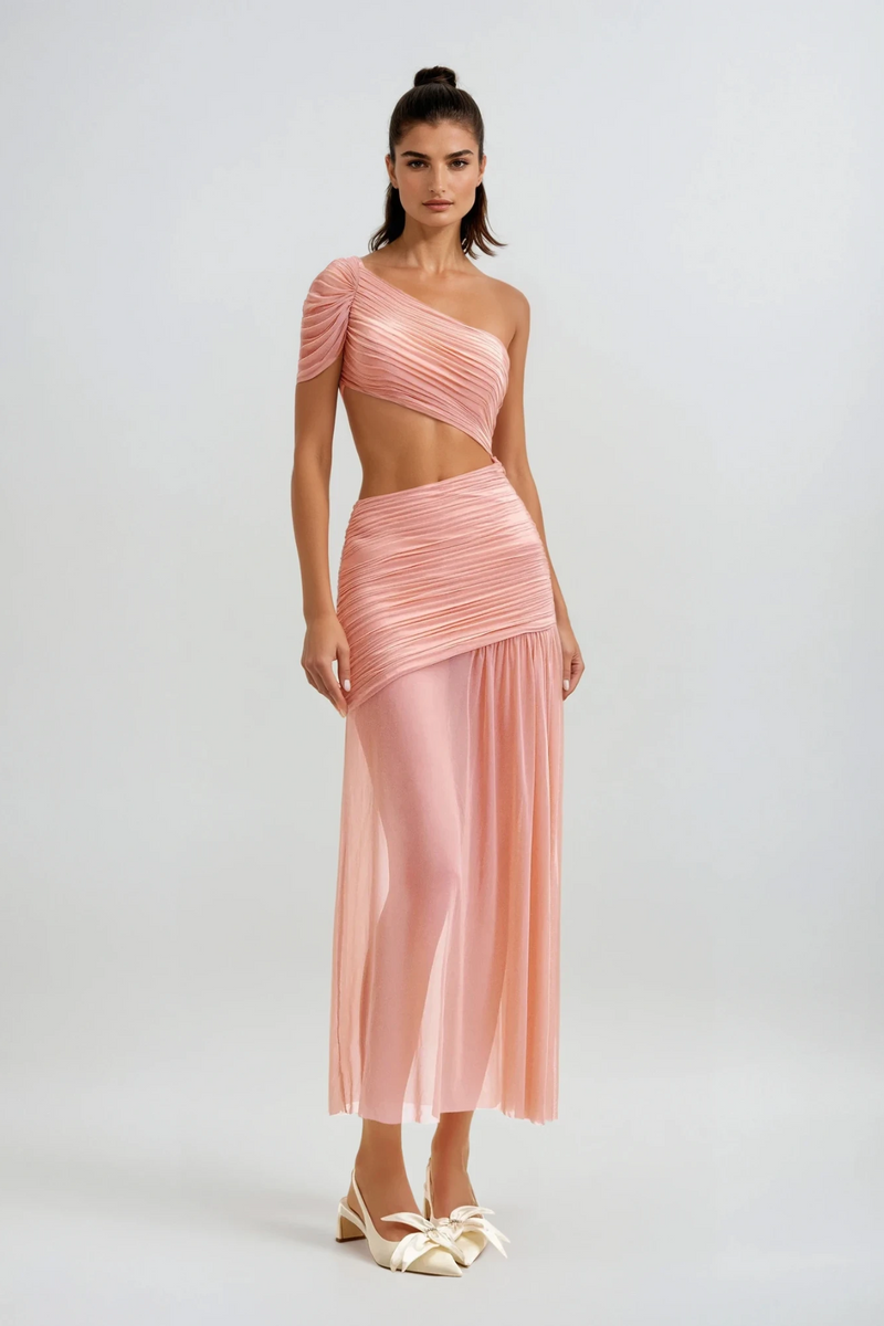 Danail Cutout Asymmetric Midi Dress in Pink