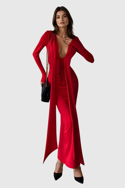 Dand Plunge Fringe Maxi Dress in Red
