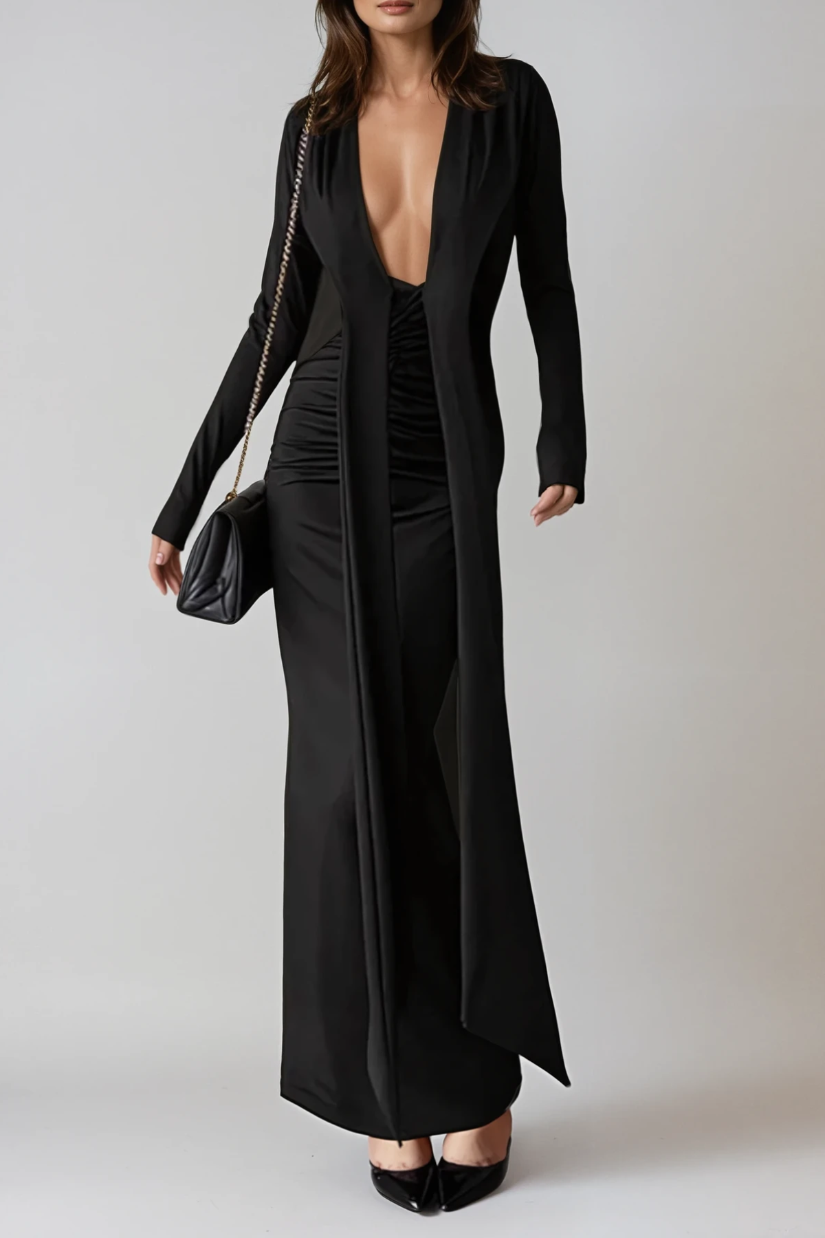 Dand Plunge Fringe Maxi Dress in Black