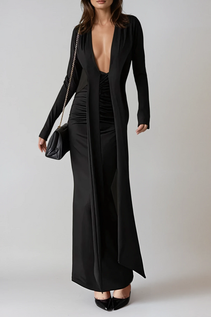 Dand Plunge Fringe Maxi Dress in Black