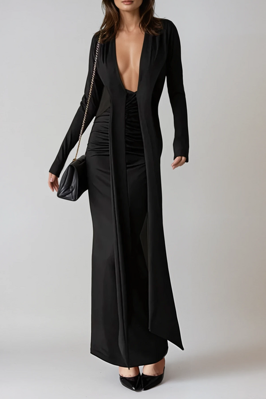 Dand Plunge Fringe Maxi Dress in Black