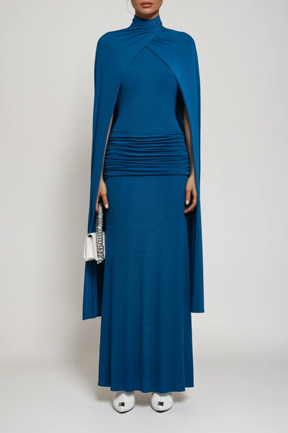 Danielius Bodycon Ruch Shawl Maxi Dress in Blue
