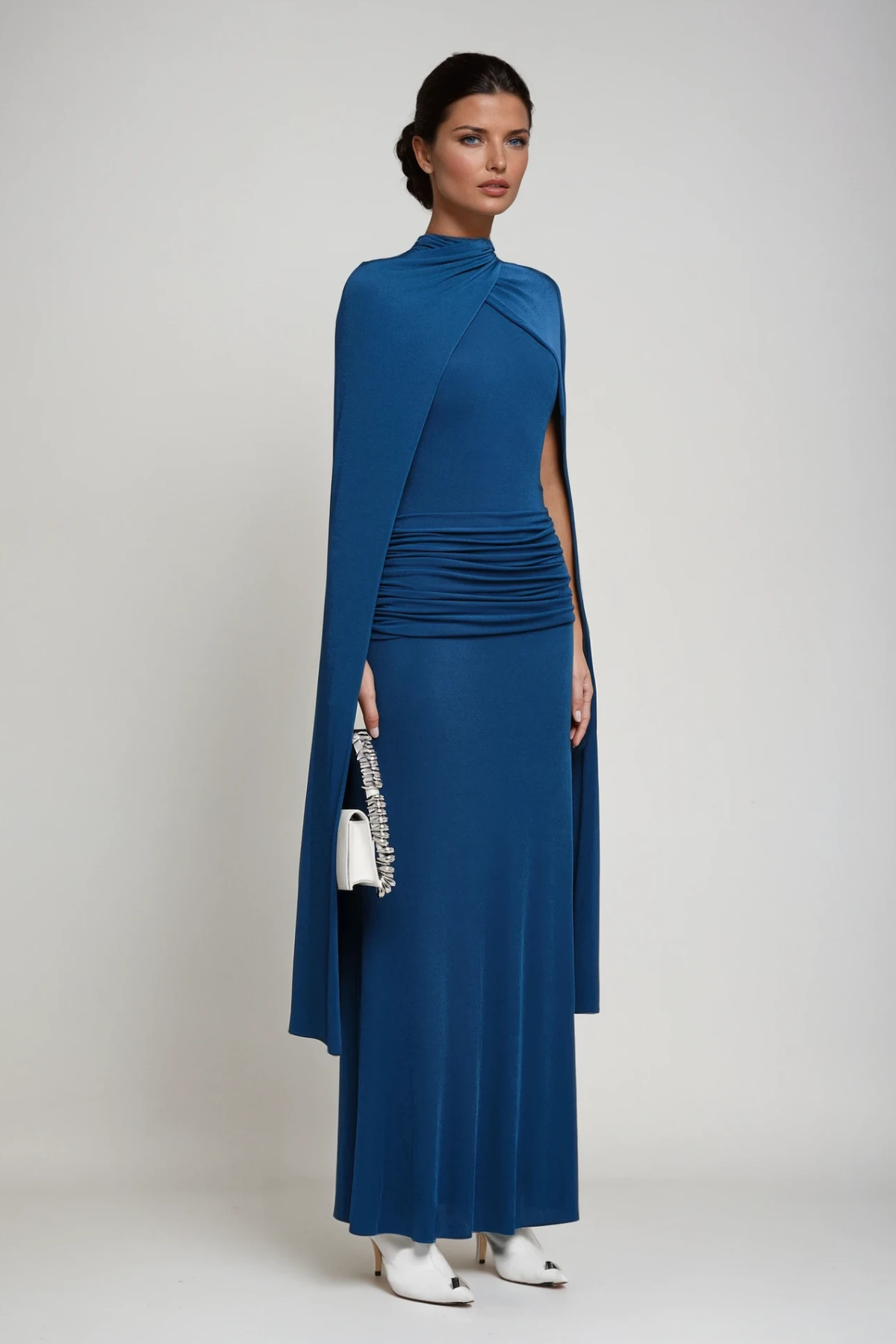 Danielius Bodycon Ruch Shawl Maxi Dress in Blue