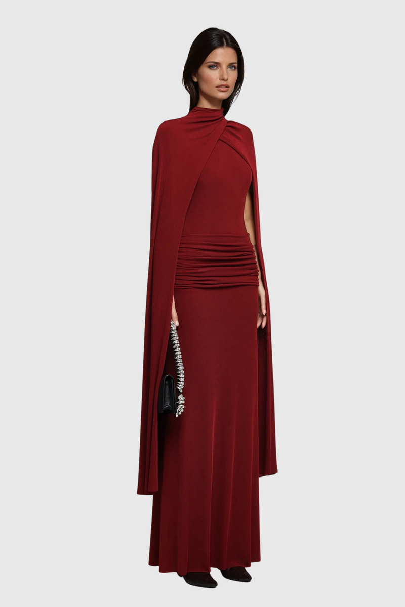 Danielius Bodycon Ruch Shawl Maxi Dress in Red