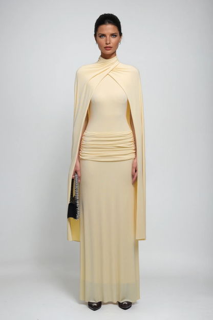 Danielius Bodycon Ruch Shawl Maxi Dress in Butter Yellow
