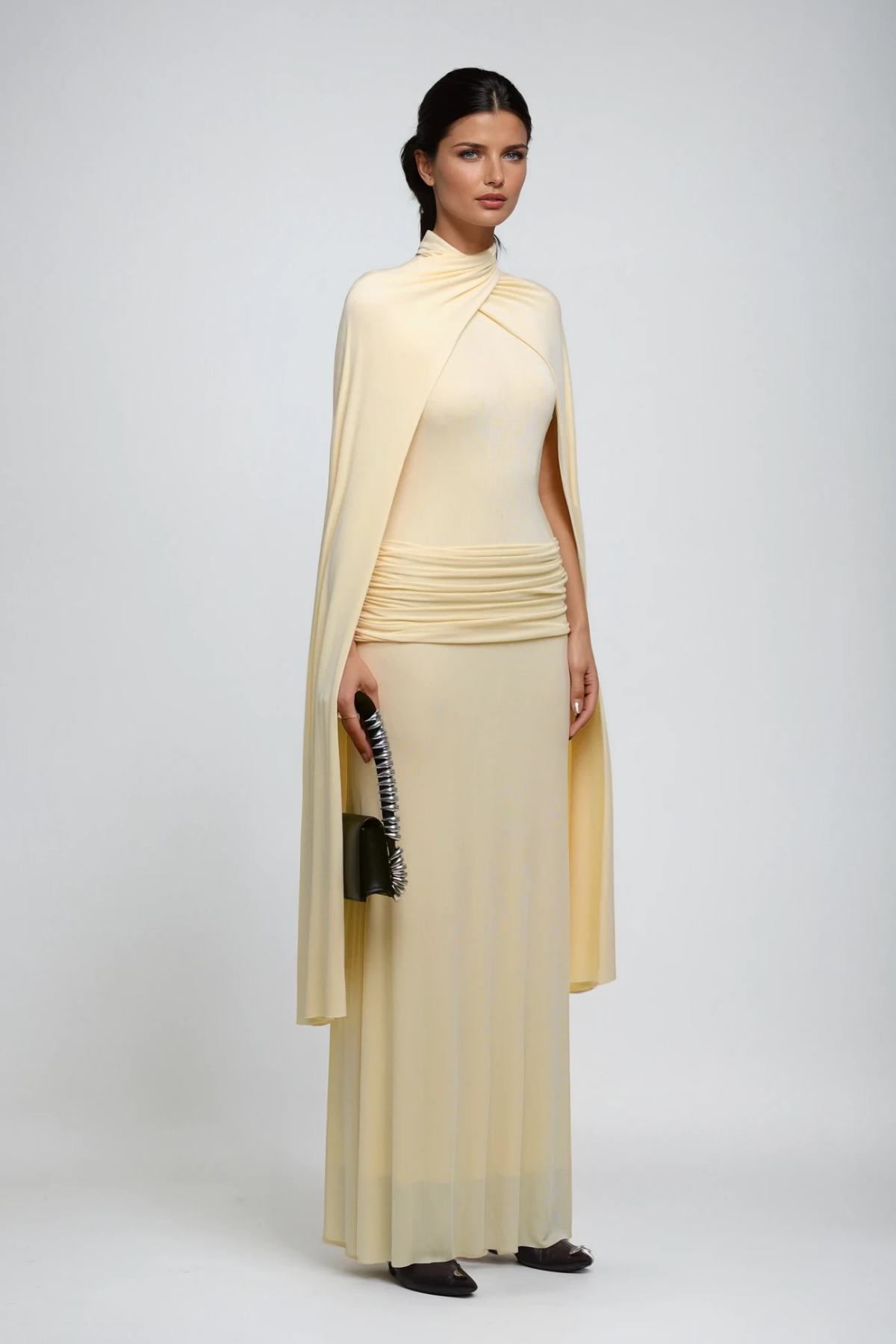 Danielius Bodycon Ruch Shawl Maxi Dress in Butter Yellow