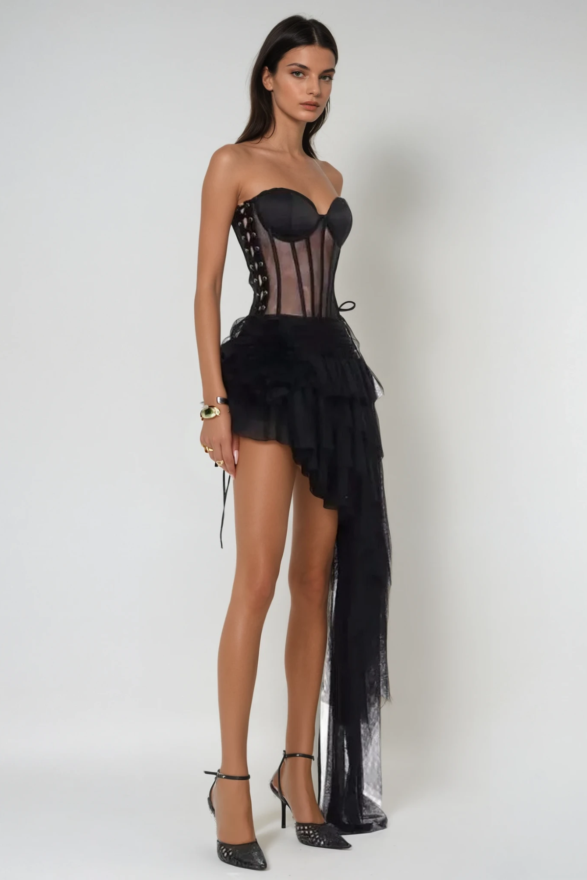 Danish Corset Mesh Asymmetric Mini Dress