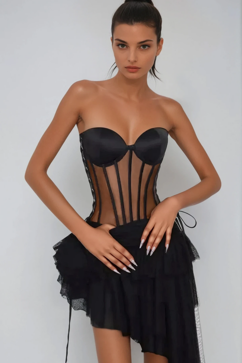 Danish Corset Mesh Asymmetric Mini Dress