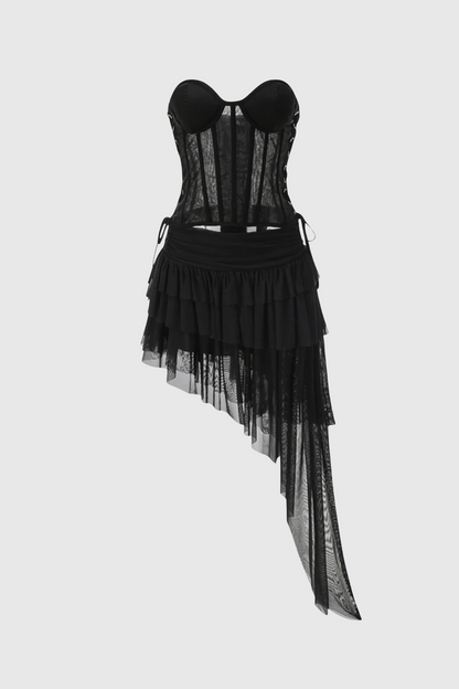 Danish Corset Mesh Asymmetric Mini Dress