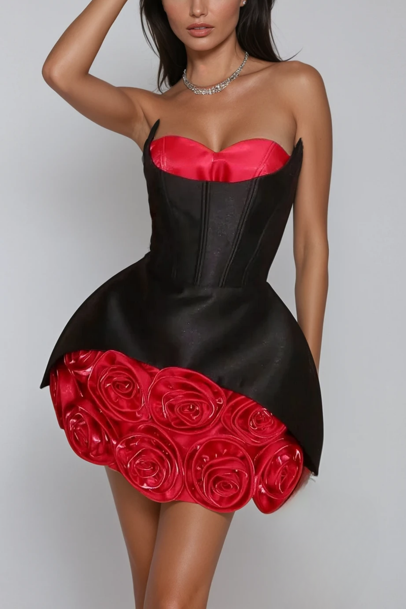 Danni Strapless Flower Bodycon Mini Dress in Black