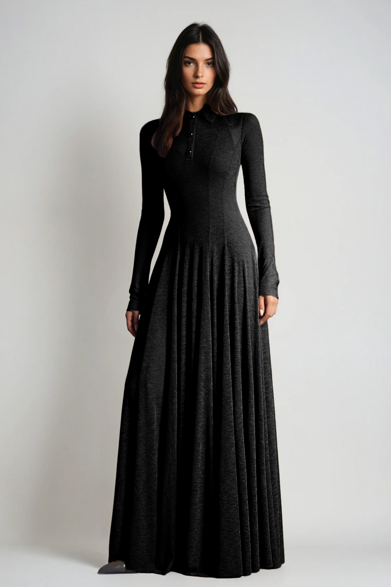Dany Long Sleeve Ruffle Knit Maxi Dress in Black
