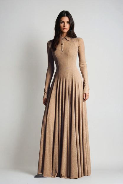 Dany Long Sleeve Ruffle Knit Maxi Dress in Khaki