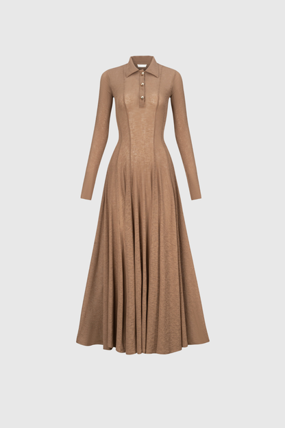 Dany Long Sleeve Ruffle Knit Maxi Dress in Khaki