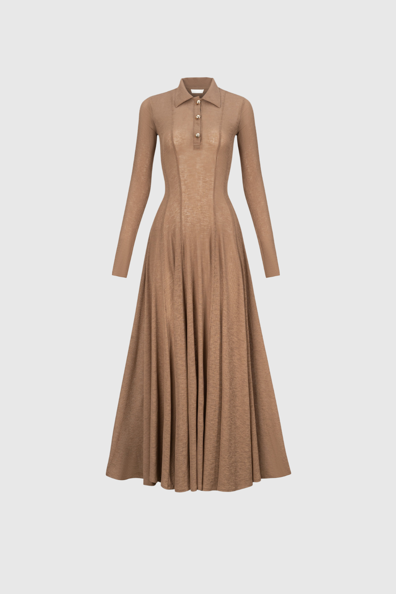 Dany Long Sleeve Ruffle Knit Maxi Dress in Khaki