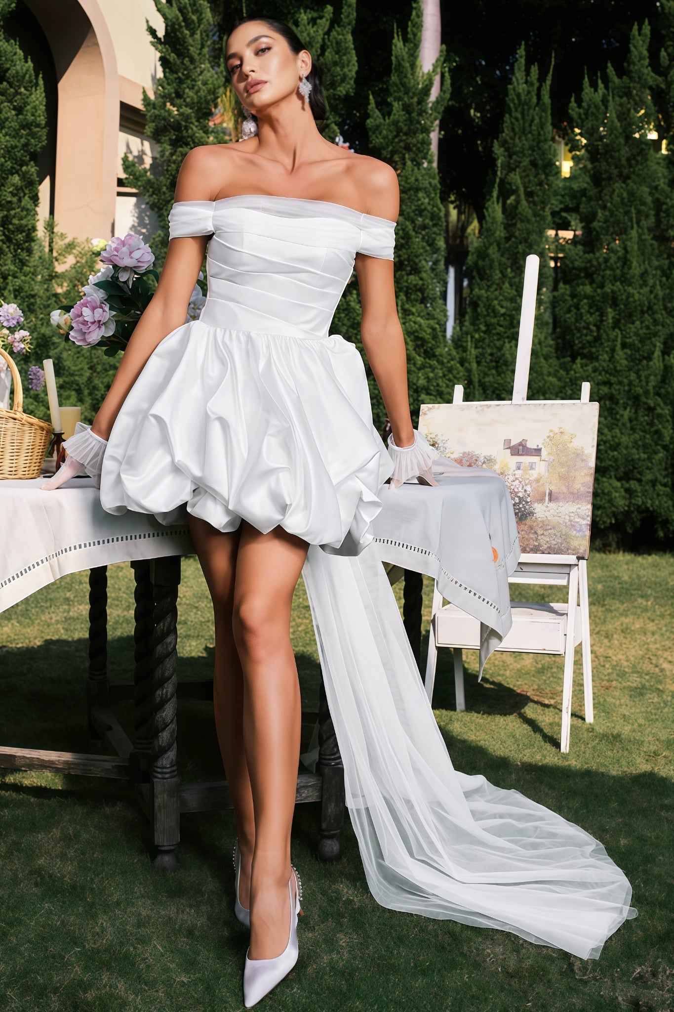Alexan White Off-the-shoulder Satin Mini Dress