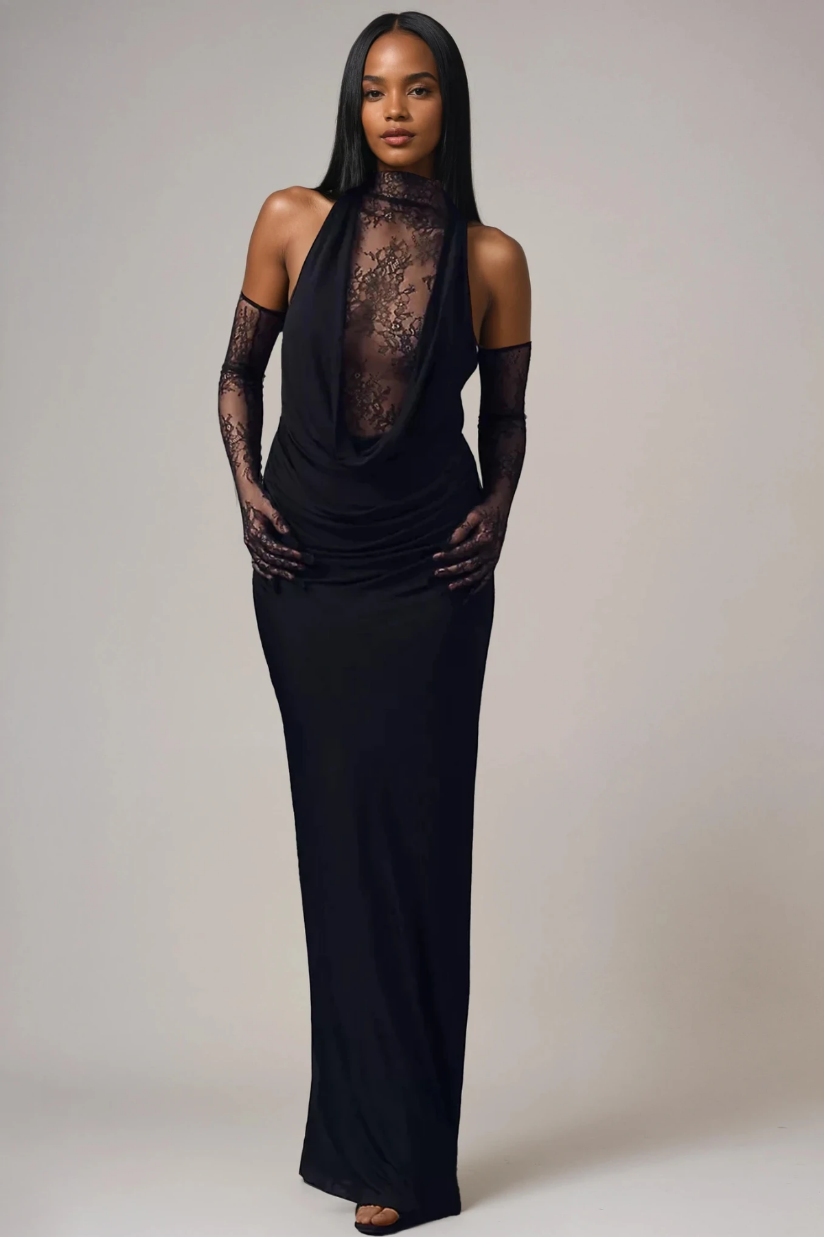 Darleen Cowl Neck Ruch Lace Maxi Dress in Black