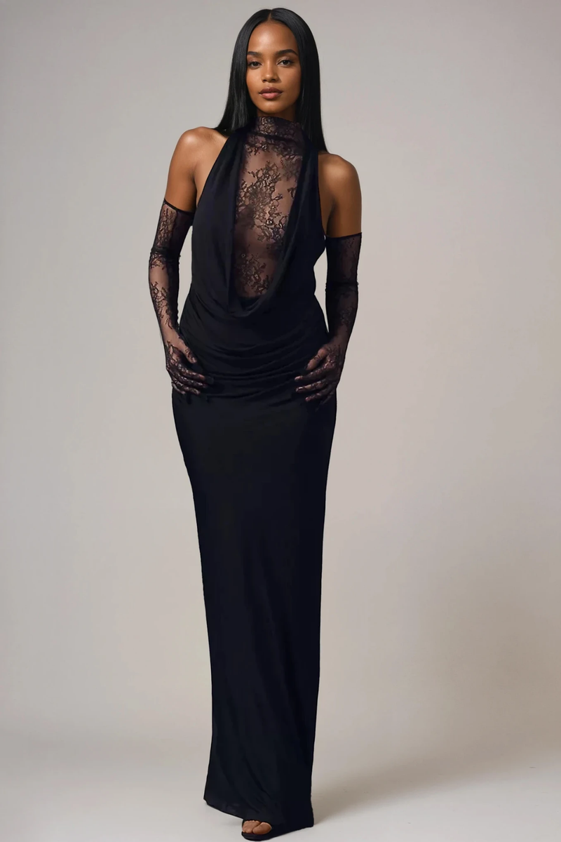 Darleen Cowl Neck Ruch Lace Maxi Dress in Black