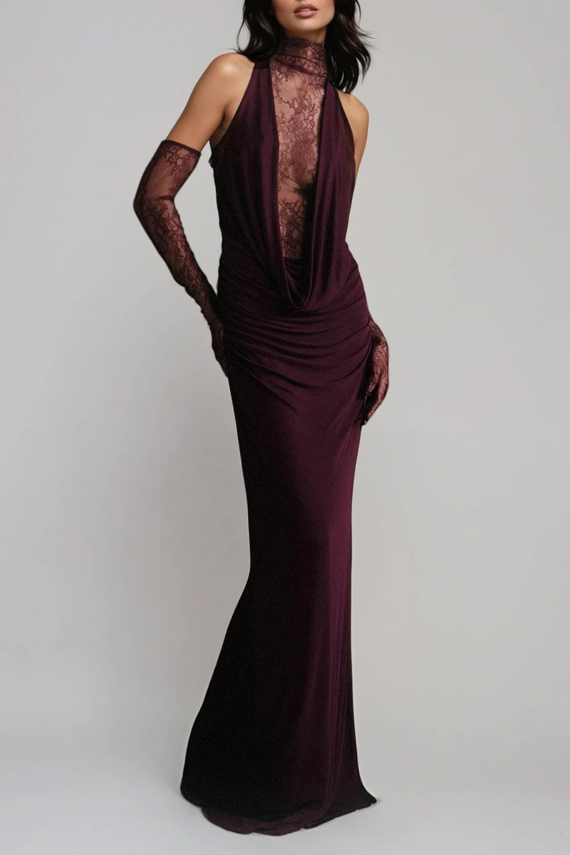 Darleen Cowl Neck Ruch Lace Maxi Dress in Red