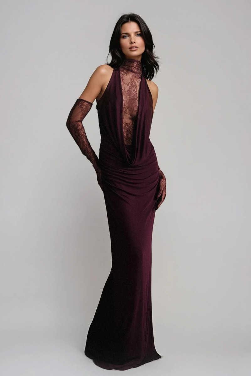 Darleen Cowl Neck Ruch Lace Maxi Dress in Red