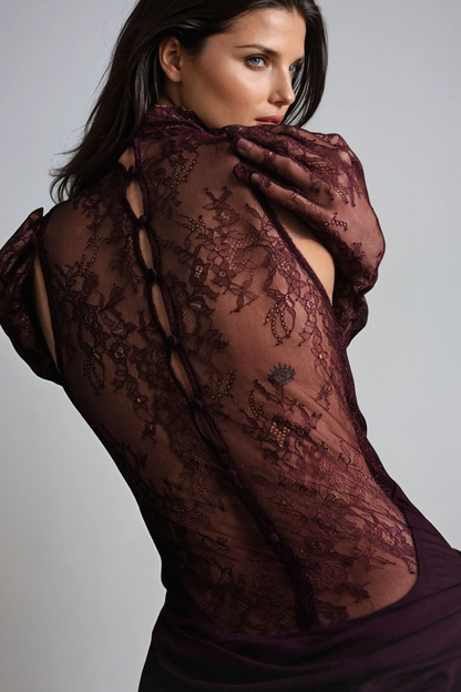 Darleen Cowl Neck Ruch Lace Maxi Dress in Red