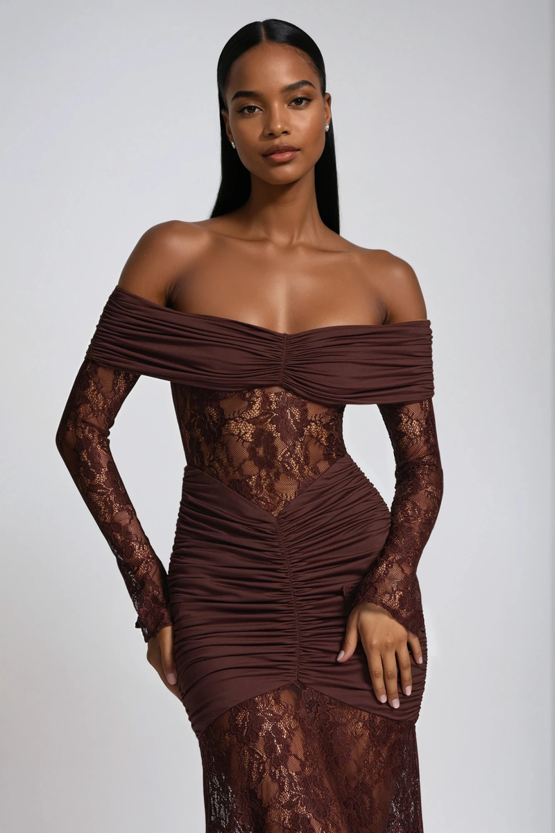 Darlene Strapless Ruch Lace Maxi Dress