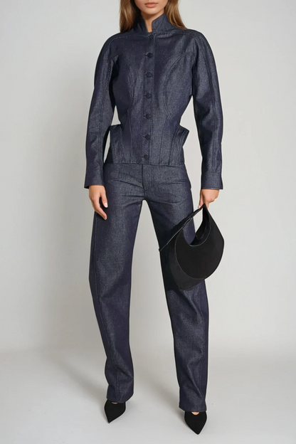 Darya Denim Pants Set in Deep Blue