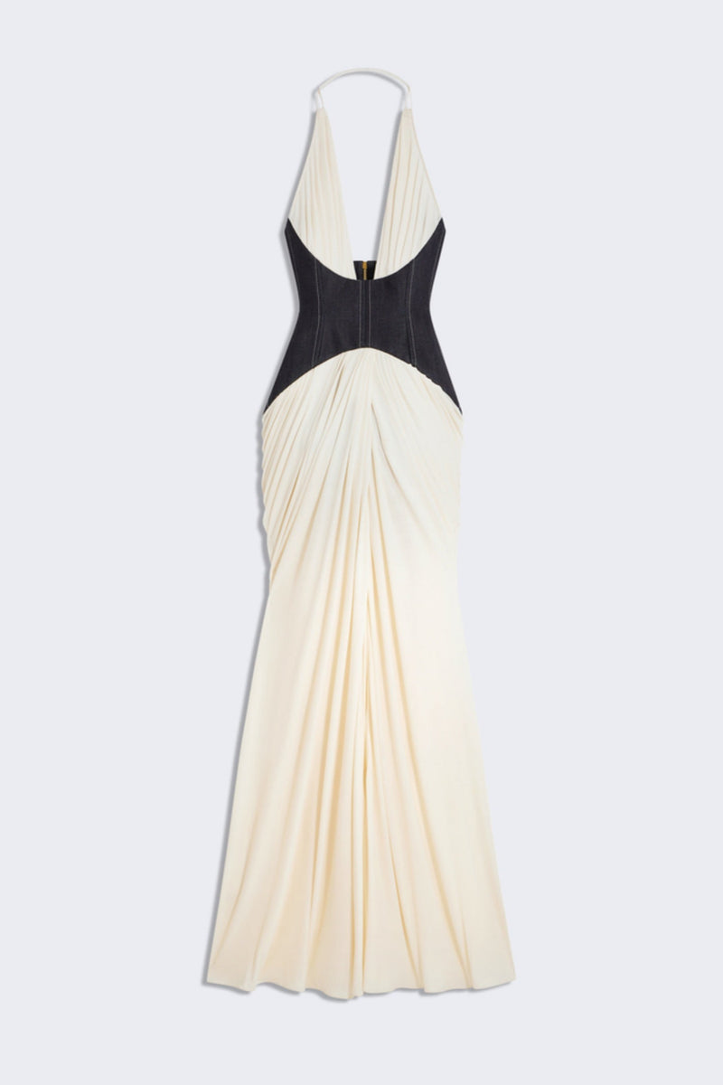 Daryle Halter Denim Corset Ruched Maxi Dress