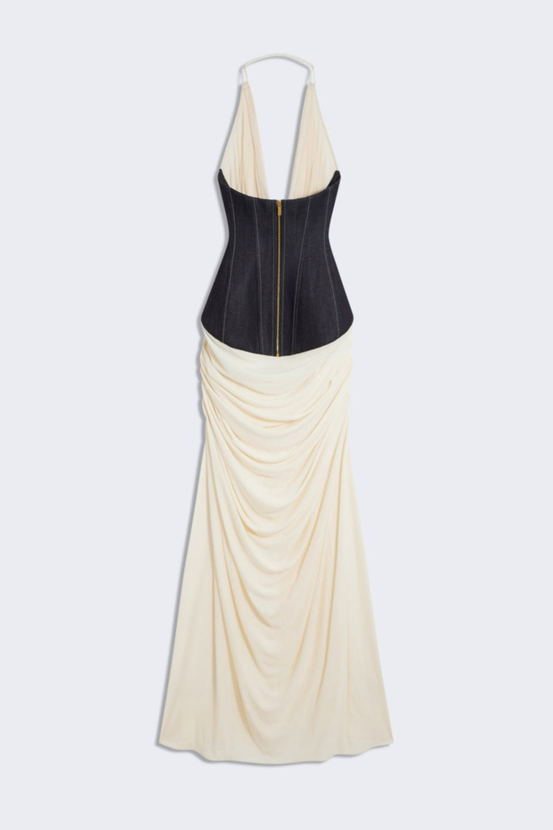 Daryle Halter Denim Corset Ruched Maxi Dress